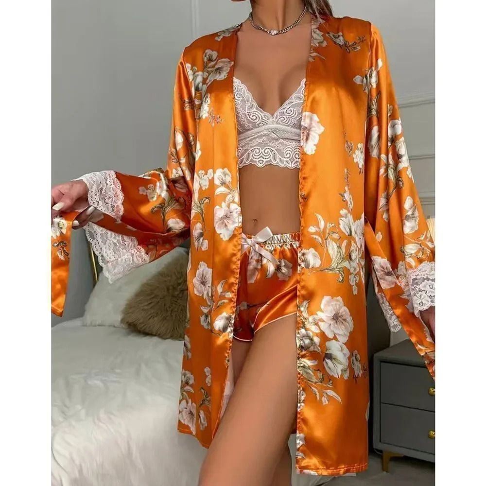 Bohemian Floral Print Pajama Set, Long Sleeve Robe With Belt  Lace SZ M #1635